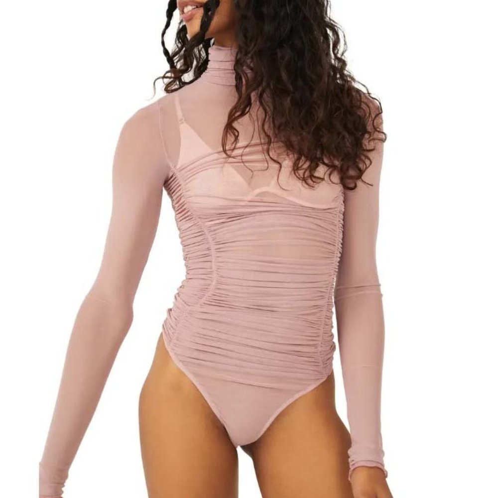 NWT Free People Under It All Ruched Mesh Turtleneck Bodysuit in Blush si…